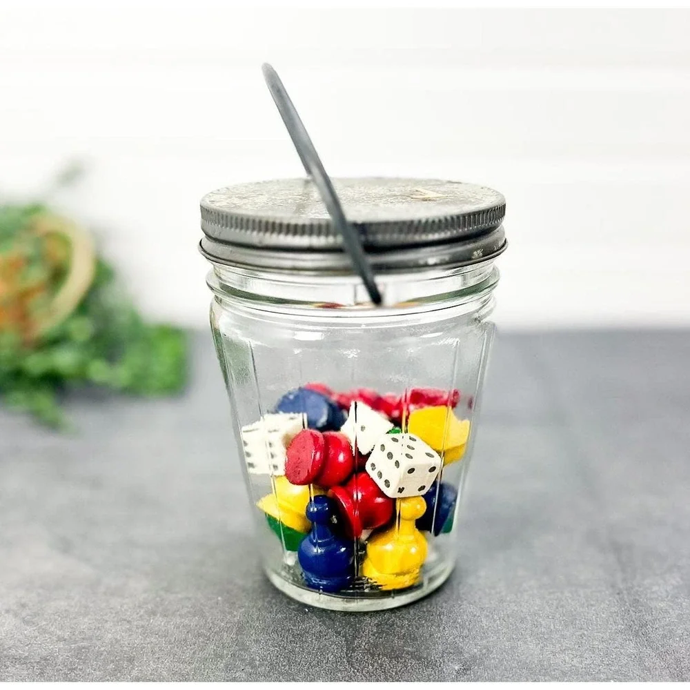 Vintage‎ Board Game Pieces in Mason Jar: Trinket Shelf Decor